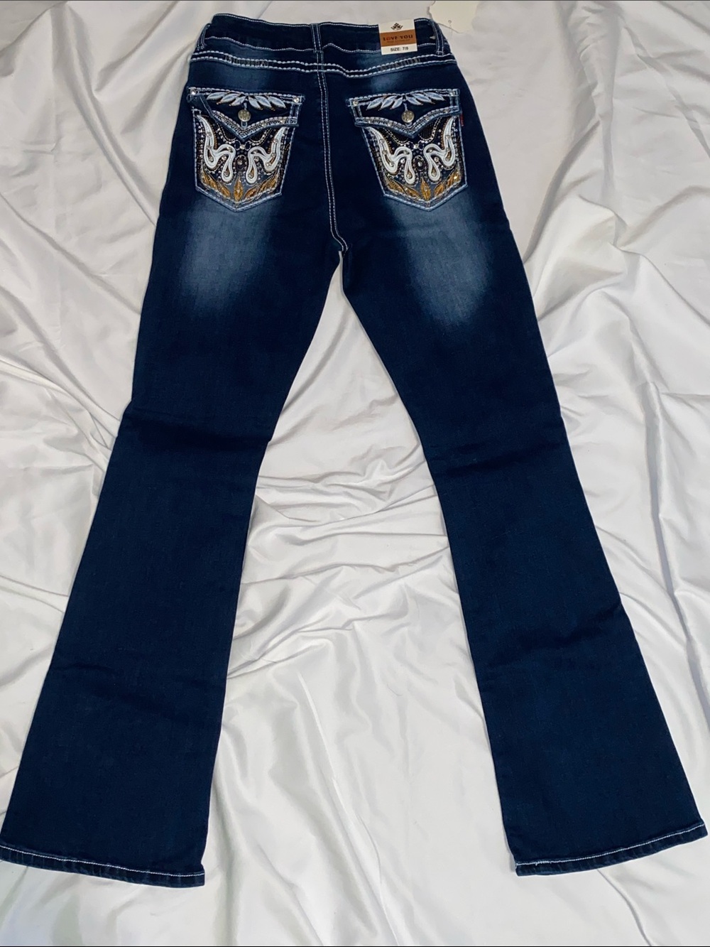 Embroidered Back-Pocket Dark Blue Flare Jeans